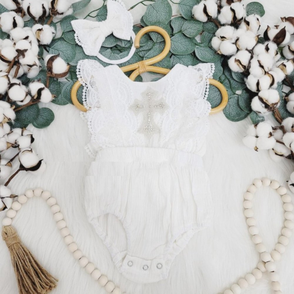 Floral Lace Boho Birthday Christening Dress Clothes Baptism Outfit White Romper